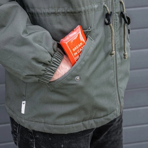 Hand warmer with "Break in Case of Cold" design.