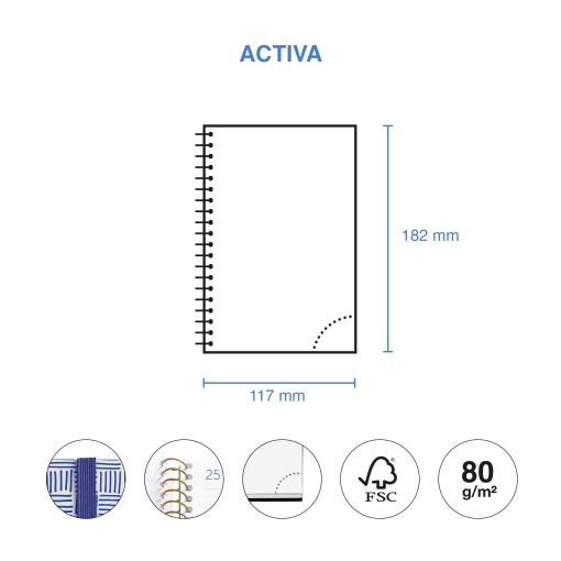 Agenda semanal 117x182mm 2026 espiral MIQUELRIUS Activa Gráfica Trazos com elástico