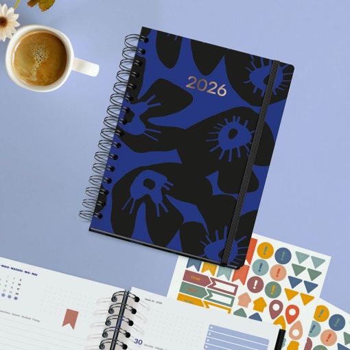 Agenda diária A5 2026 espiral MIQUELRIUS Plus MARF Organic Midnight Bloom com elástico