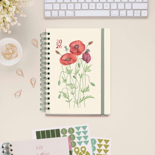 Agenda diária A5 2026 espiral MIQUELRIUS Plus Entredos Amapolas com elástico