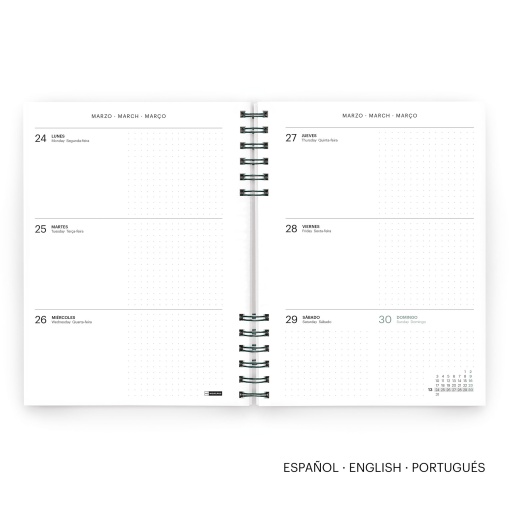 Agenda semanal A5 2026 espiral MIQUELRIUS Plus Back to Basics marino com elástico