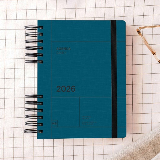 Agenda semanal A5 2026 espiral MIQUELRIUS Plus Back to Basics marino com elástico