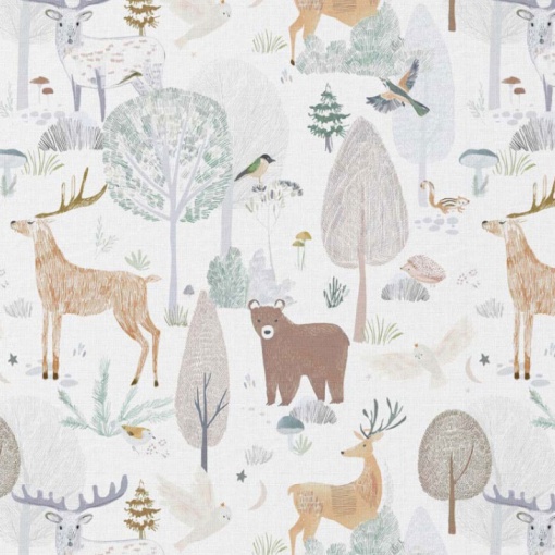 Tecido digital animais da floresta branco/multicor 1x1,50m