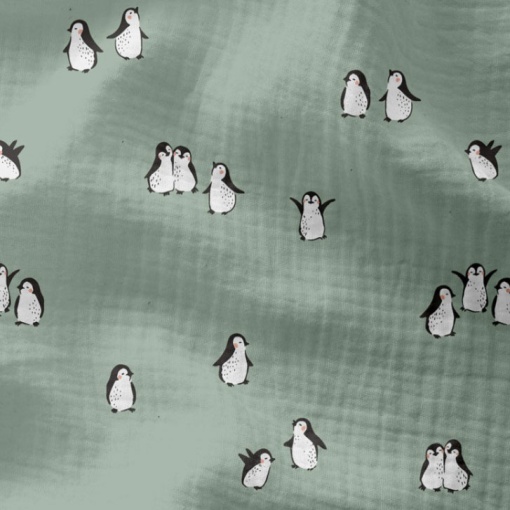 Tecido mousseline pinguins verde/multicor 1x1,30m