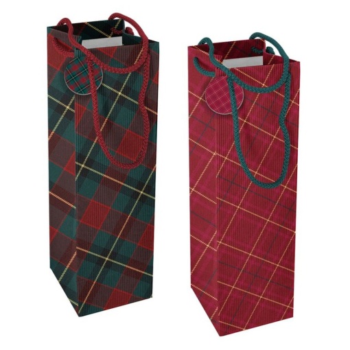 Saco de papel asa cordão para 1 garrafa D'CASA tartan 12x33x10cm sortido
